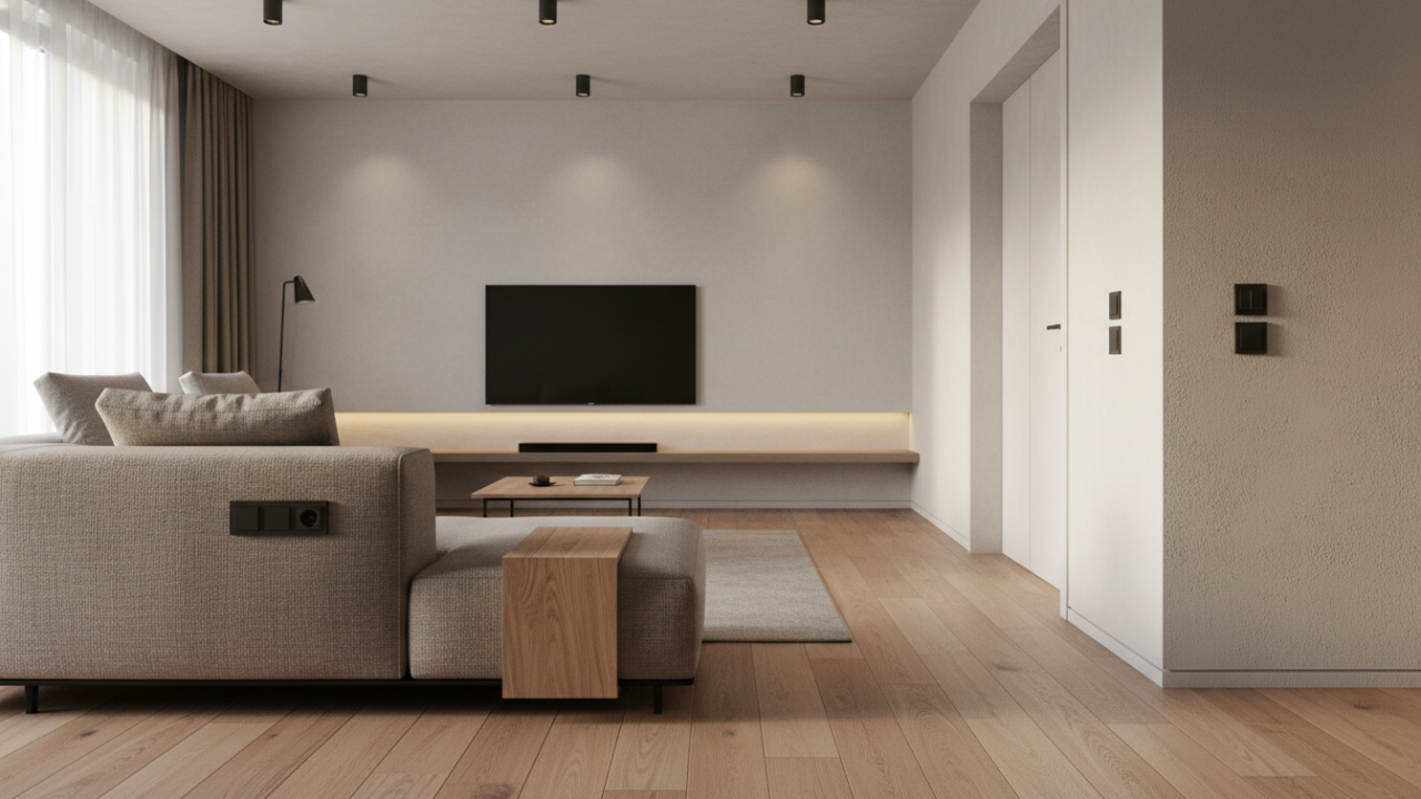 Современный интерьер гостиной с акцентом на незаметную, но продуманную электрику: скрытые розетки, сценарное освещение, отсутствие удлинителей.