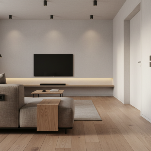 Современный интерьер гостиной с акцентом на незаметную, но продуманную электрику: скрытые розетки, сценарное освещение, отсутствие удлинителей.