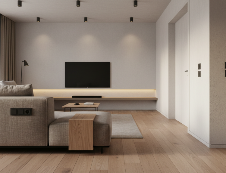 Современный интерьер гостиной с акцентом на незаметную, но продуманную электрику: скрытые розетки, сценарное освещение, отсутствие удлинителей.